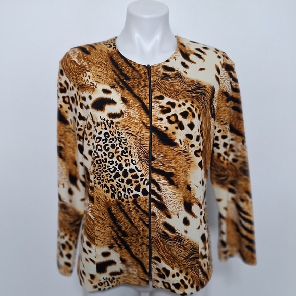 Investments Brown Tan Animal Print Mobwife Front Zip Jacket Size MP - Picture 1 of 13